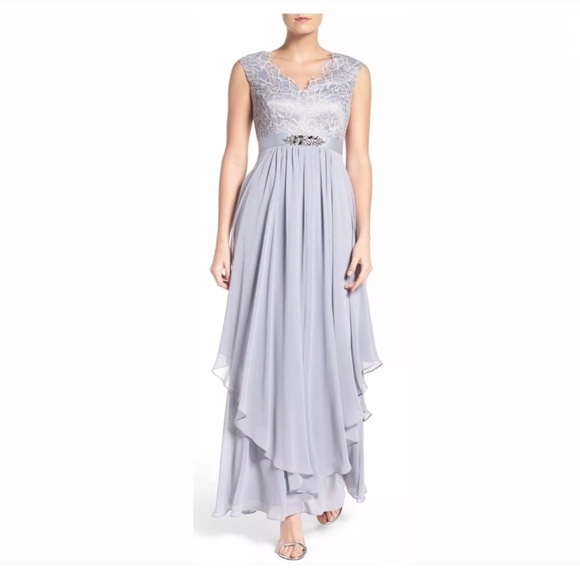 Eliza J Embellished Lace & Chiffon Gown, Silver - Picture 1 of 5